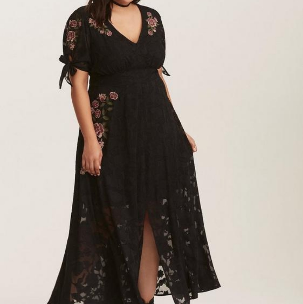 Black Floral Embroidered Chiffon Maxi Dress